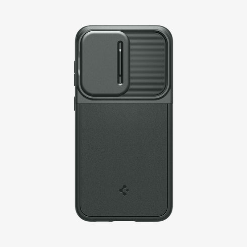 ACS05639 - Galaxy S23 Ultra Case Optik Armor in black showing the back with lens protector slot open